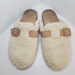 J Crew Womens 8.5 Sherpa Mule Clog Slipper Shoes Cream Tan Winter Cozy Lounge